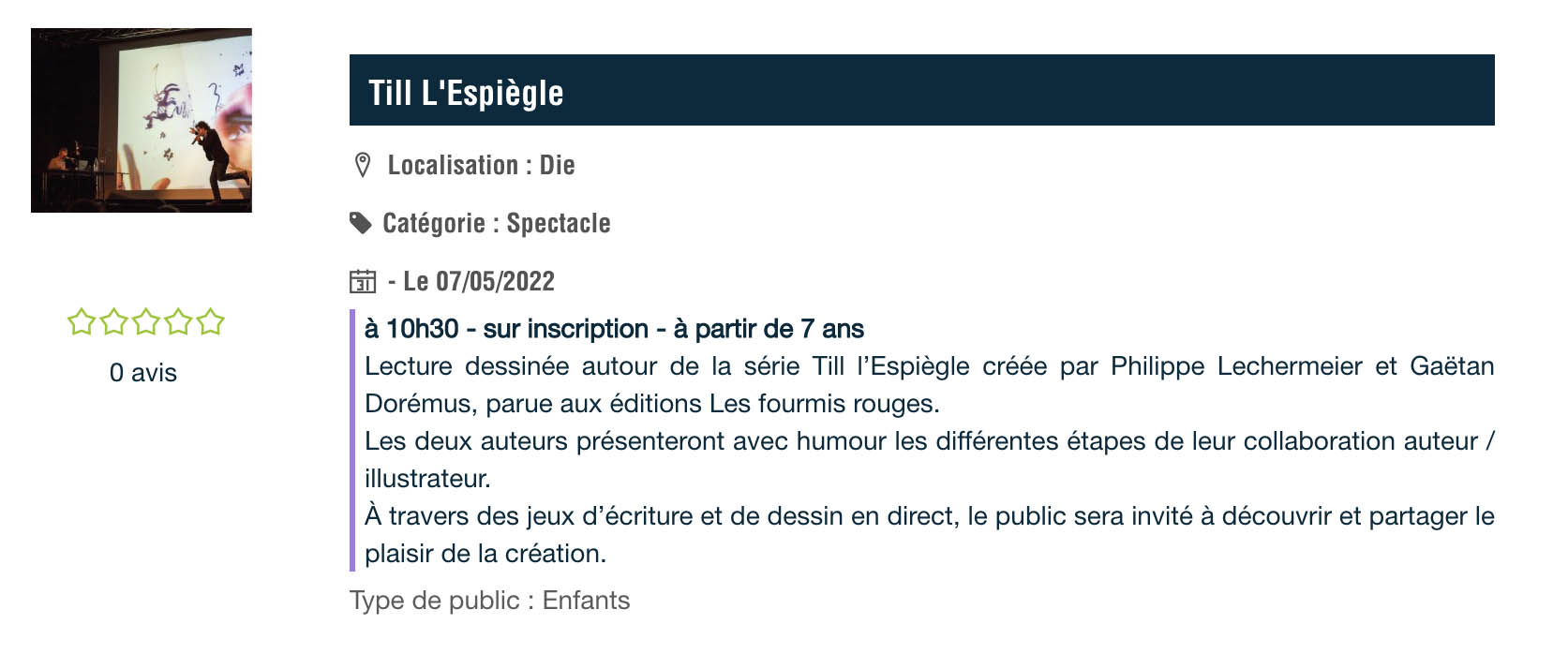 Lecture dessinée « Till l’Espiègle » créée par Philippe Lechermeier et Gaëtan Dorémus